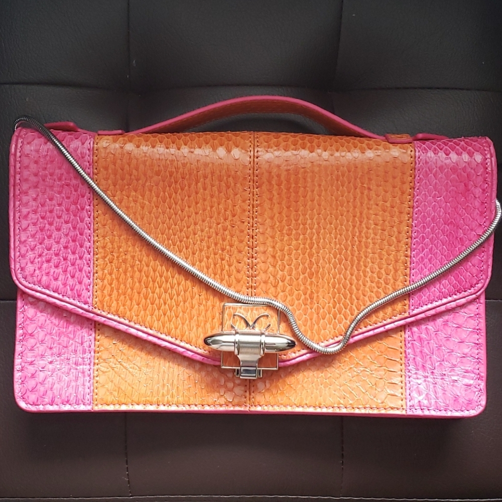 Monika Chiang Pink and Orange snakeskin clutch